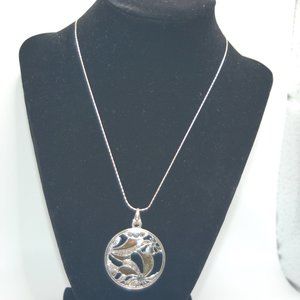 Silver Tone w/ Black, Brown Round Pendant Necklace